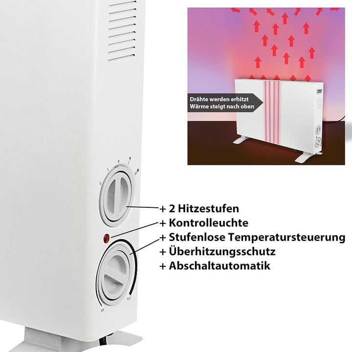 Elektroheizung energiesparend| Konvektor Heizung 1250/2000 Watt | Abschaltautomatik Frostwächter Übe