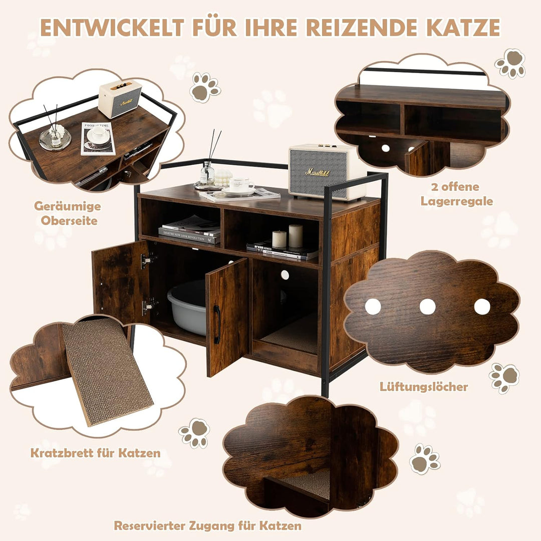 GOPLUS Katzenschrank, Katzentoilette mit Doppeltüren & stabilem Metallrahmen & Kratzbrett & 2 Fächer