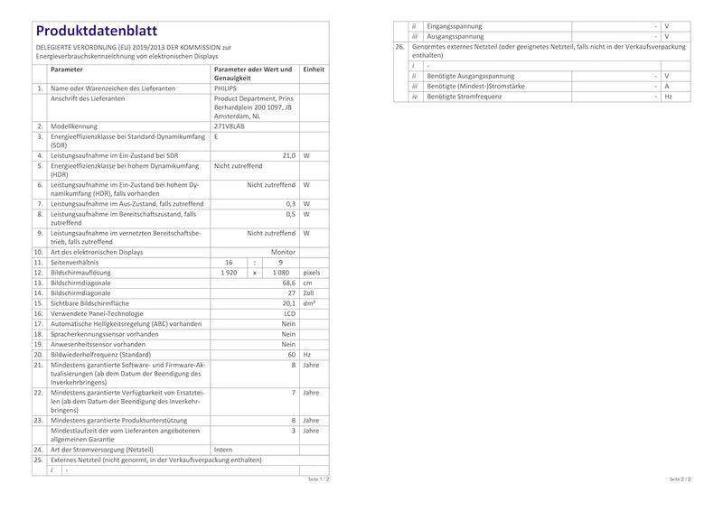 PHILIPS 271V8LAB - 27 Zoll Full HD Monitor, eingeb. Lautsprecher, Flimmerfrei (1920x1080, 100 Hz, VG