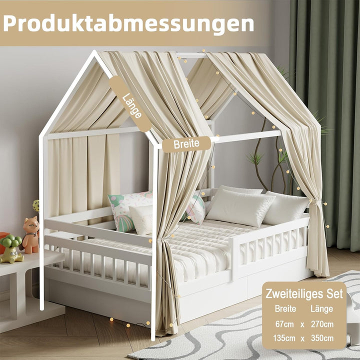 Hausbett Himmel mit Lichterkette 2 Stück Deko Baldachin Hausbett Vorhang,Betthimmel Musselin Stoffhi