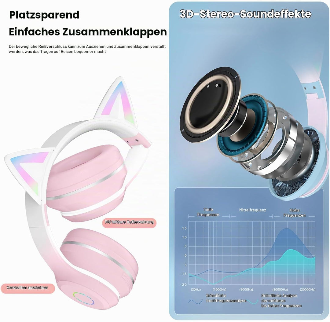 OHAANYY Katzenohr Kopfhörer Kindergeburtstag Geschenke Kind LED Katzenohren Farbgradient Kabellose B