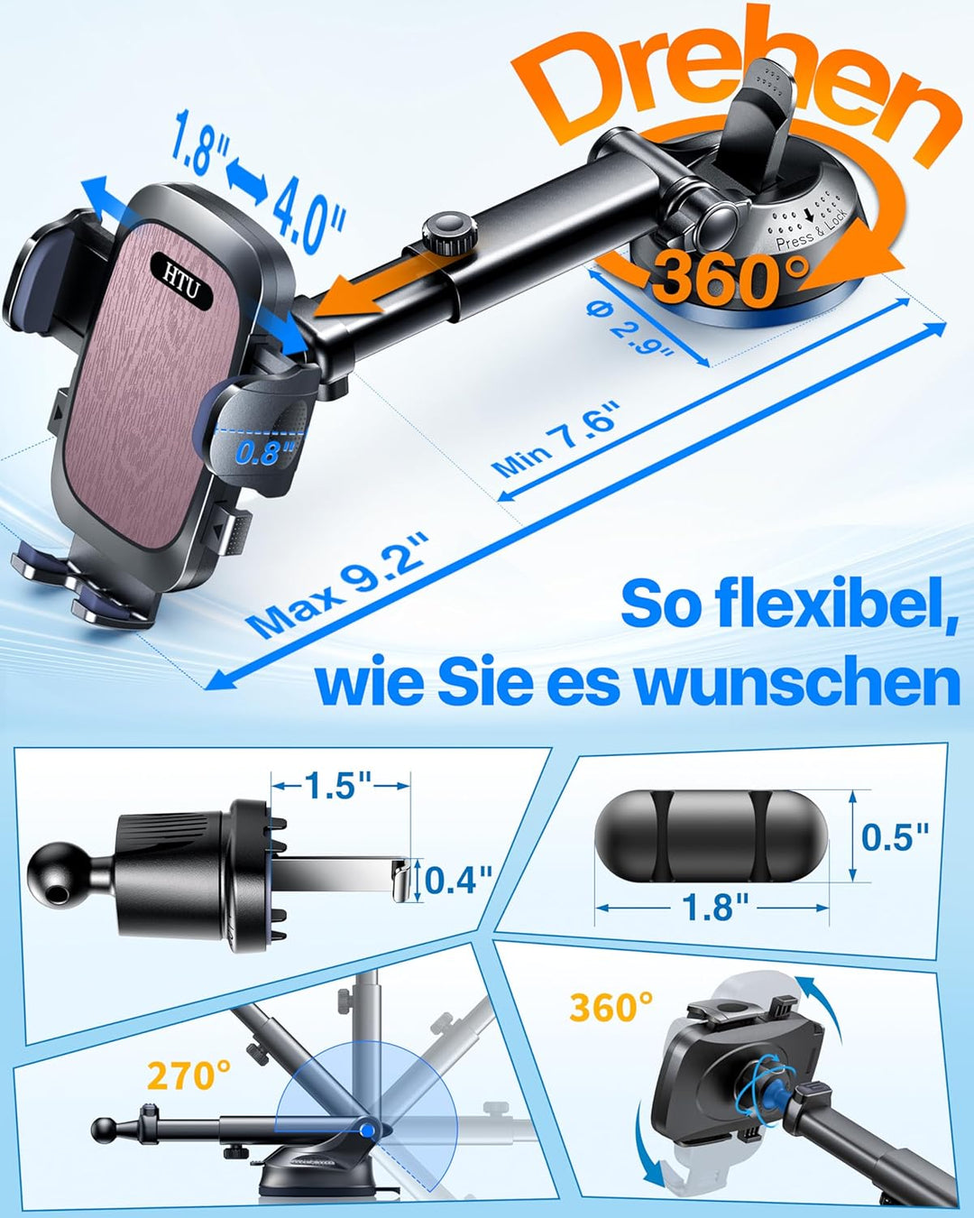 HTU 2026【Militär-Klasse】 Handyhalterung Auto【Stärkste Saugnapf & Lüftung】 Handy Halterung Auto 360°