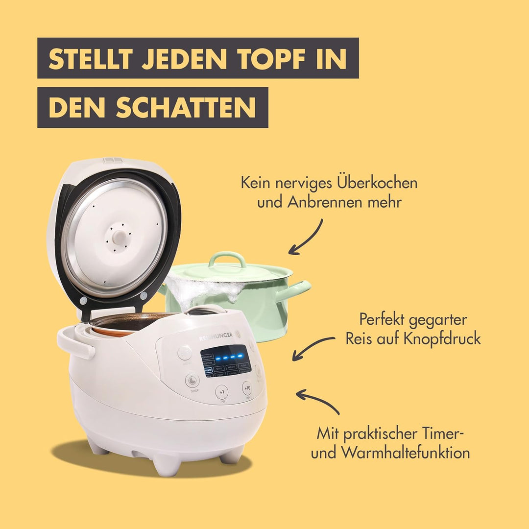 Digitaler Reishunger Mini Reiskocher und Dampfgarer in Grau - Warmhaltefunktion, Timer & Premium Top
