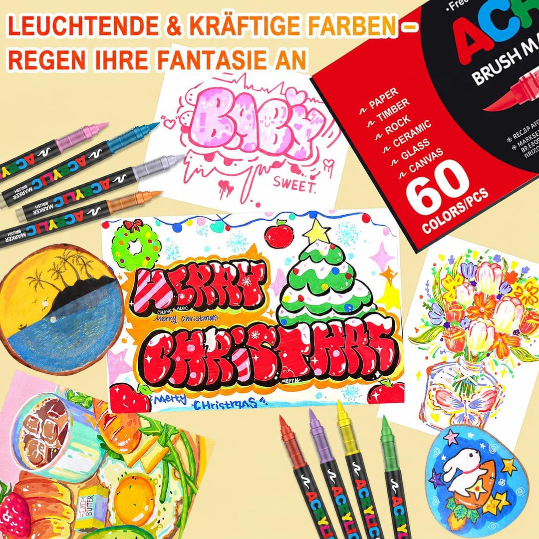 Laconile 60 Farben Acrylstifte für Steine Wasserfest, Brush Tip Acrylic Pens Set, Schnelltrocknend u