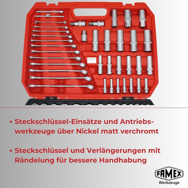 FAMEX 555-50 Steckschlüsselsatz 219-tlg. - 1/4 Zoll, 3/8 Zoll, 1/2 Zoll - alle Werkzeuge CV-Stahl -