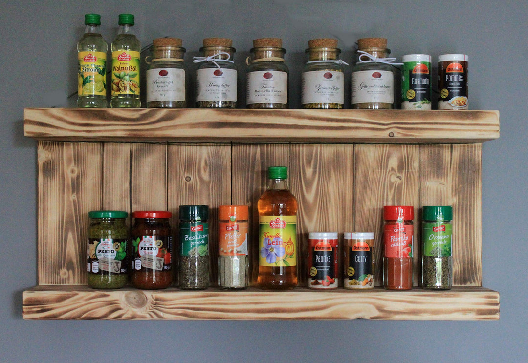 Dekorie Gewürzregal aus Holz - für die Wand oder stehend - Braun (geflammt) - 2 Stellflächen - 29 x