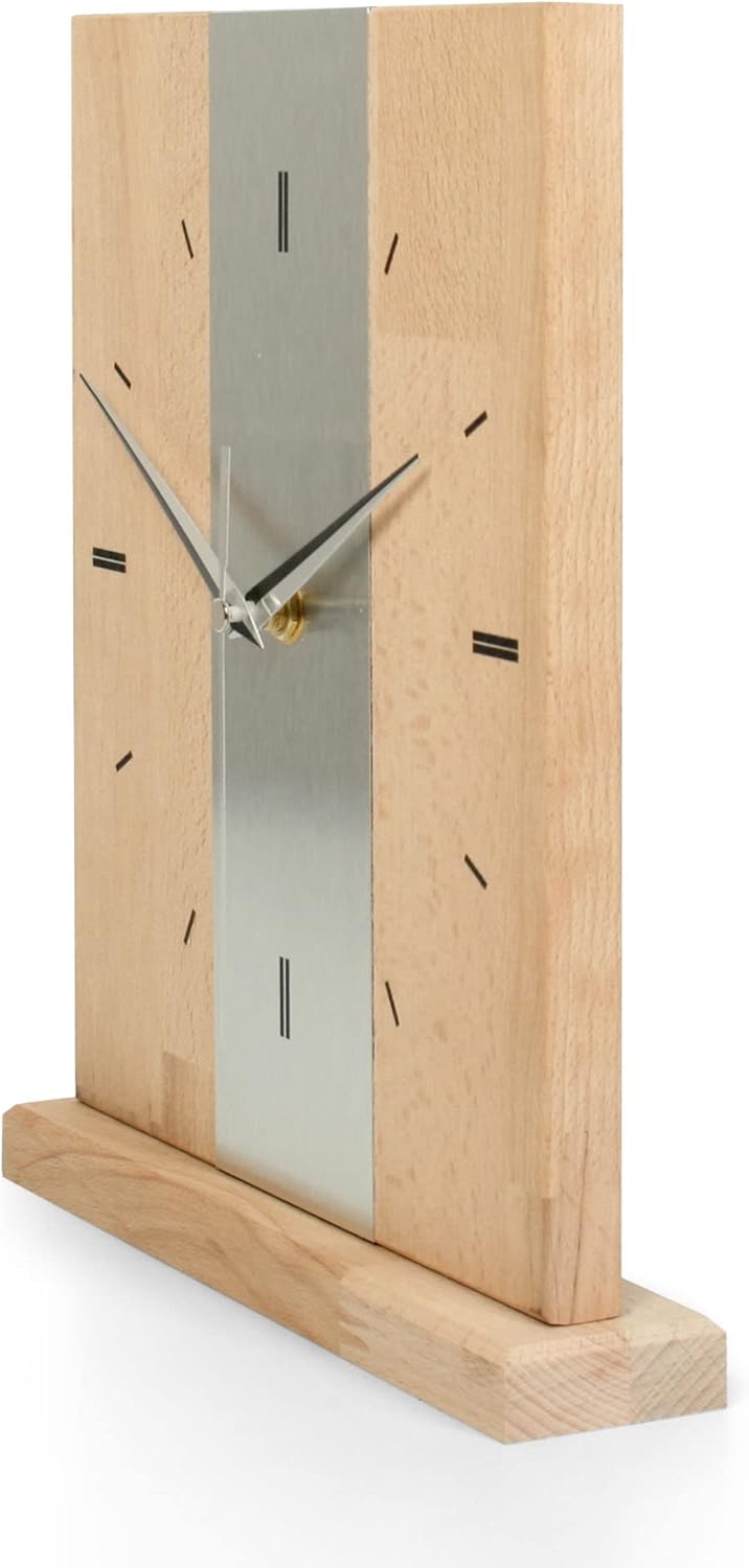 Kreative Feder Designer-STANDUHR Silver Stripe aus MASSIVHOLZ 27x20cm – analoge TISCHUHR ohne Tickge