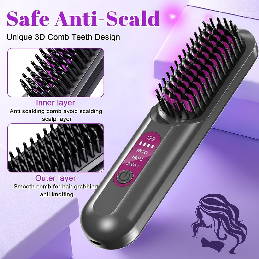 Glättbürste Kabellos, Stylingbürste Für Kurze Langes Haare, Haarglätter Bürste Kabellos mit 3 Wärmes