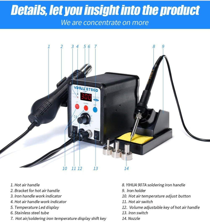 YiHUA 8786D: Alles in Einem Lötstation Löt-, Entlötstation 700W 3 Düsen