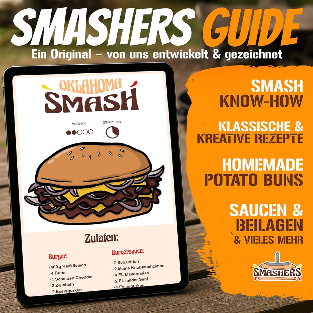 SMASHERS Smash Burger Set – Burger Smasher Set mit Burgerpresse, Grillspachtel, Pfannenwender & Burg