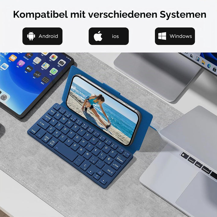 CACOE Bluetooth Tastatur mit Ständer, Mini Tastatur für Handy, Ultraflache Tragbare, Faltbare, Dual-