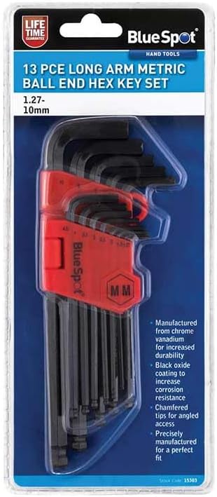 BlueSpot Tools 15303 Sechskantschlüssel-Set mit langem Arm, metrisch, Kugelkopf, 1,27-10 mm, 13-teil