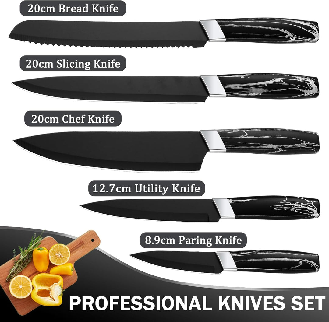 BEWOS Messerset, Schwarz Scharfe Edelstahl Küchenmesser Set, 5PCS Kochmesser Set ink. Kochmesser, Ge