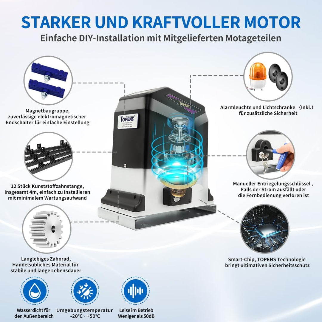 TOPENS RK1200T Schiebetorantrieb Torantrieb Schiebetor automatischer Toröffner mit 2 Fernbedienungen