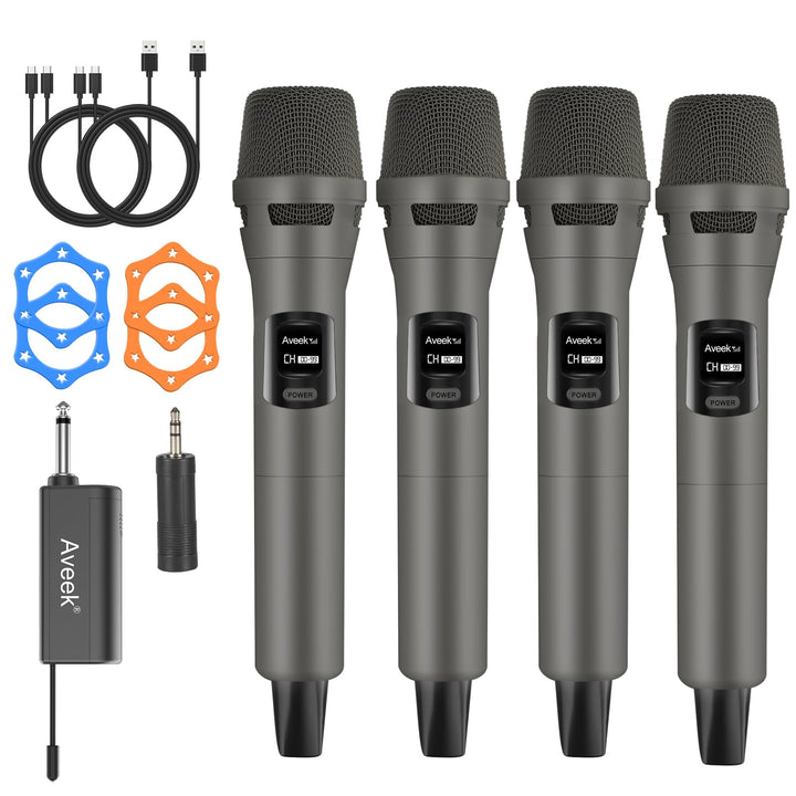 Aveek Funkmikrofon 4er Set, Professionelle Kabelloses Karaoke Mikrofon Set, Wiederaufladbar mit USB-