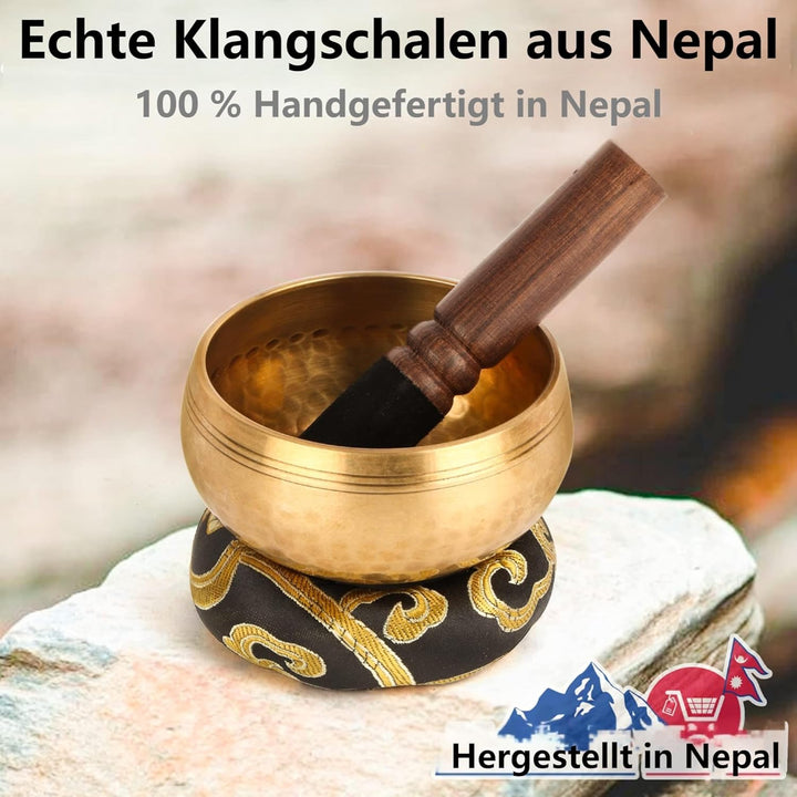 Tibetisches Klangschalen-Set – 100% handgehämmert in Nepal Klangschale für Meditation, Yoga, Chakra,
