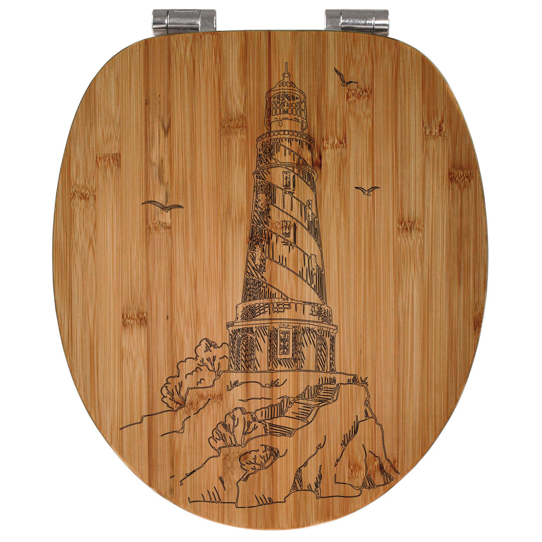 banjado® Hochwertig gravierter Design WC Sitz Bambus Absenkautomatik Leuchtturm 2 / Toilettendeckel