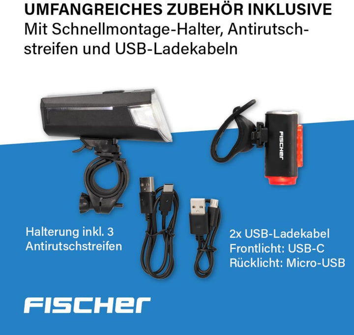 FISCHER Fahrrad-Beleuchtungsset, Front- und Rückleuchte, mit Akku, USB-Ladefunktion und Leuchtfunkti