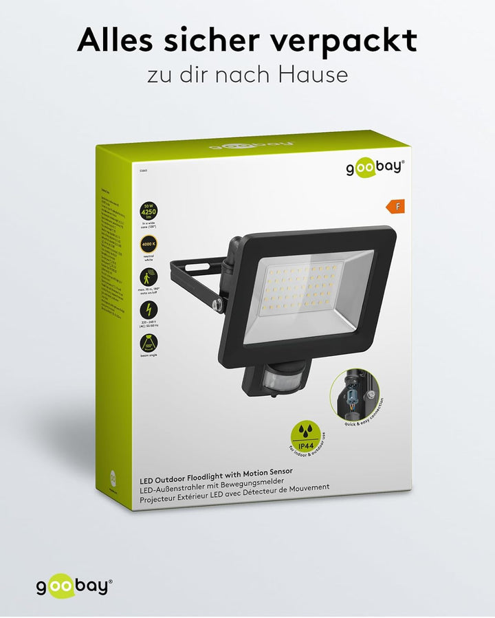 goobay 53883 LED Strahler Bewegungsmelder Aussen 50W / PIR Sensor Aussenstrahler IP44 / Neutralweiss