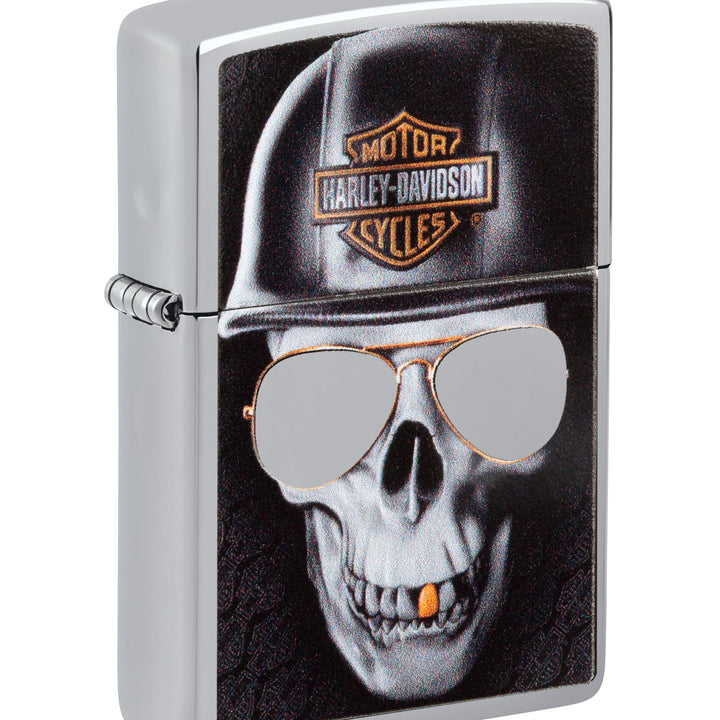Zippo Sturmfeuerzeug mit Totenkopf-Motiv, Unisex, mit Sonnenbrille, goldfarbener Zahn, Chrom, regulä