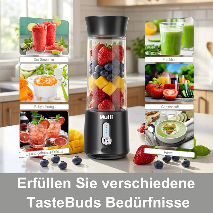 Mulli Tragbarer Mixer mit Reisedeckel – 500ml USB-wiederaufladbarer persönlicher Smoothie- und Prote