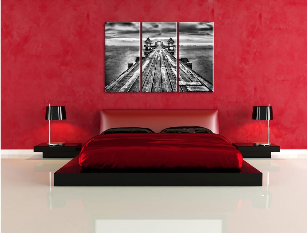 Pixxprint Monocrome, Bootssteg im Sonnenuntergang 3-Teiler Leinwandbild 120x80 Bild auf Leinwand