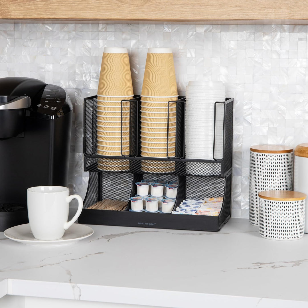 Mind Reader Aufbewahrungsbox für Pausenraum, Kaffee, Gewürze und Tassen, 6 Fächer, schwarzes Metallg