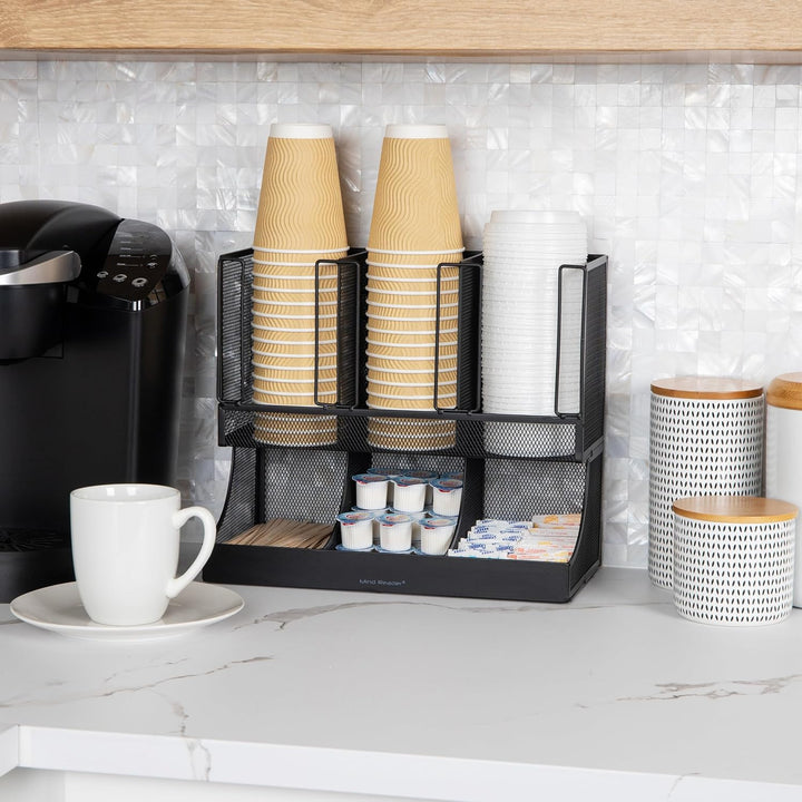 Mind Reader Aufbewahrungsbox für Pausenraum, Kaffee, Gewürze und Tassen, 6 Fächer, schwarzes Metallg