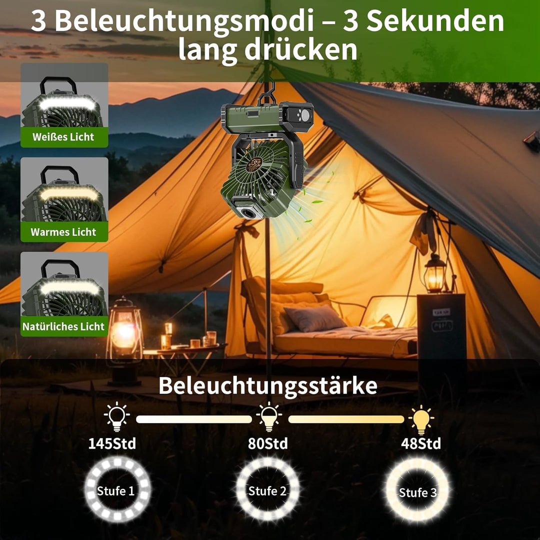 Camping Ventilator 20000mAh, Wiederaufladbarer Tischventilator USB Ventilator mit LED Licht & Haken,