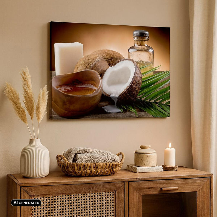 Bilder auf Leinwand 100x70cm Leinwandbild Kokosnuss Öl Seife Handfläche Gross Wanddeko Bild Schlafzi