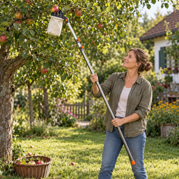 TAMS Obstpflücker mit Teleskopstiel 150–375 cm und Arbeitshandschuhen