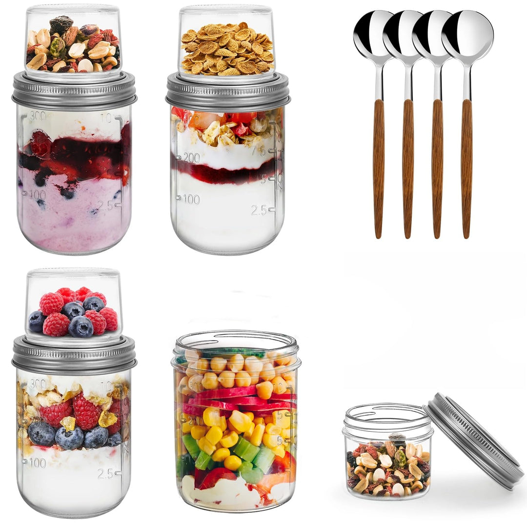 4er Overnight Oats Gläser 400ml+100ml, Joghurtbecher to go mit Doppelschicht-Design und Edelstahlöff