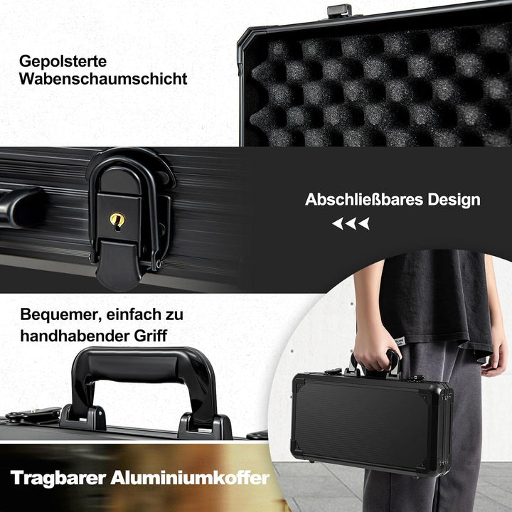 DREAMADE Aluminium Pokerkoffer mit 300 nummerierten Laser Poker Chips/ 2 Pokerkarten Set/ 5 Würfel/
