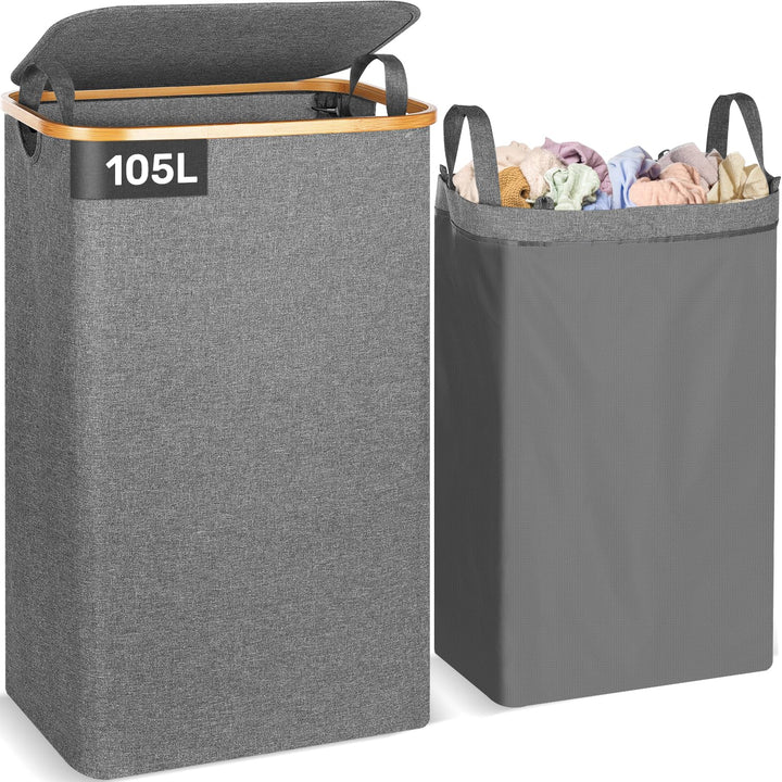 OUSFOT Wäschekorb mit Deckel 105L Wäschesammler faltbar aus 600D Oxford-Gewebe mit Abnehmbarem Wäsch