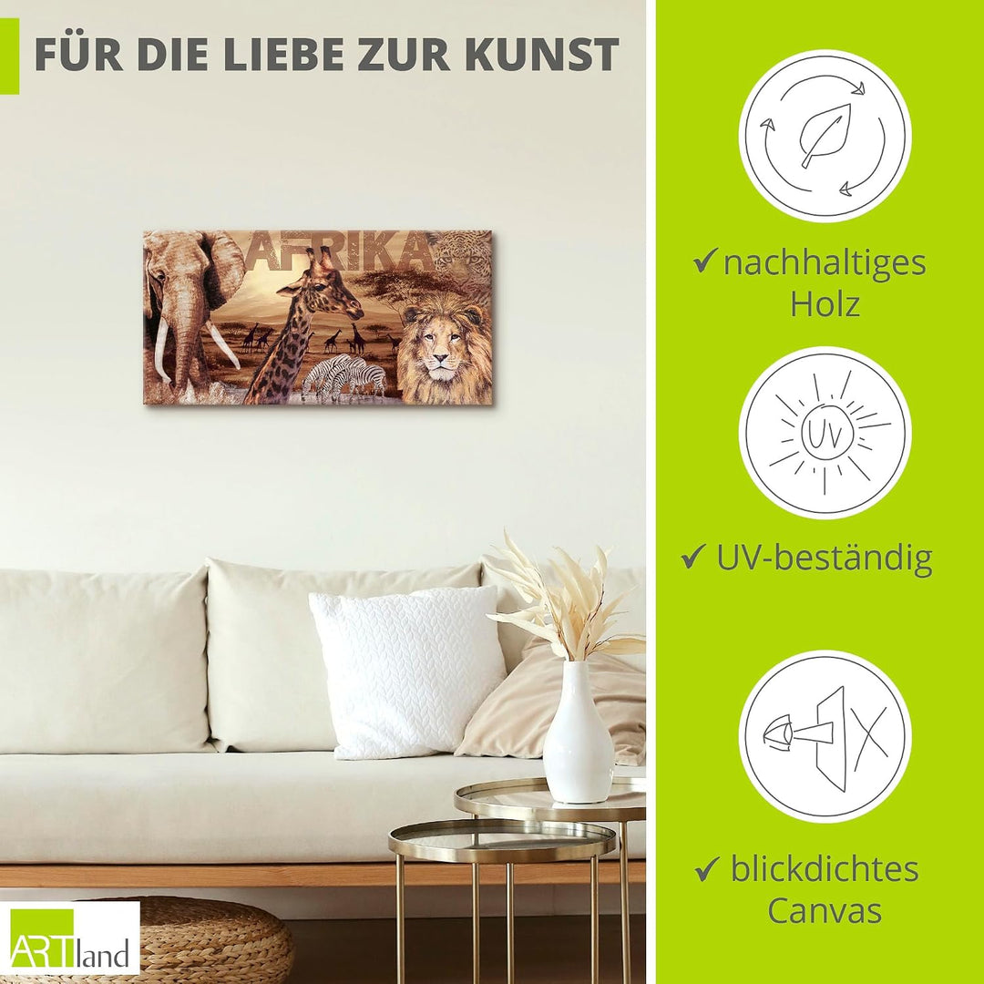 ARTLAND Wanddeko Leinwand Bilder Wandbild Afrika Tiere Safari Savanne Elefant Löwe Natur Landschaft