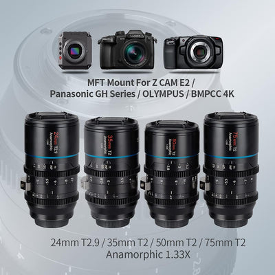 SIRUI Mars 1.33x T2 bis T2.9 anamorphes Objektiv Set, MFT Objektiv Kit (24mm, 35mm, 50mm, 75mm M4/3