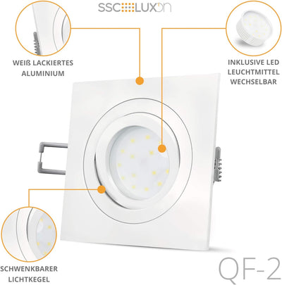 SSC-LUXon QF-2 LED Einbauleuchten 6er Set in weiss, flach & schwenkbar - mit LED Modul 5W neutralwei