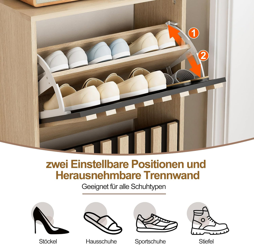 UEV Schuhschrank mit 2 Klappen Holz, Schuhregal Schmal (Natur+Schwarz) | Schuhkipper mit Kippschutz