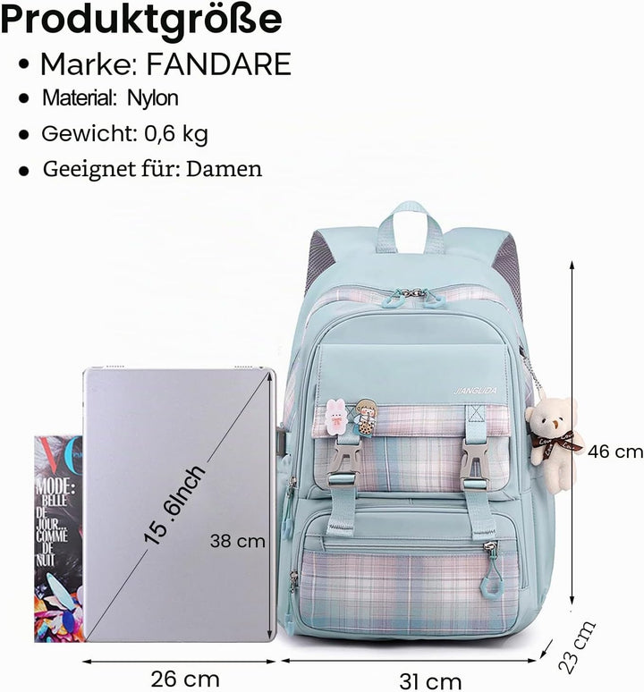 FANDARE Schulrucksack Schulrucksack Schultasche Herren Damen Rucksack Schulranzen für Outdoor Reise
