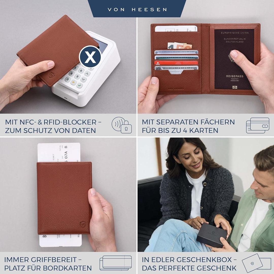 VON HEESEN® Reisepasshülle Leder Etui mit RFID-Schutz - Passhülle Passport Reisepass Mappe Hülle Org
