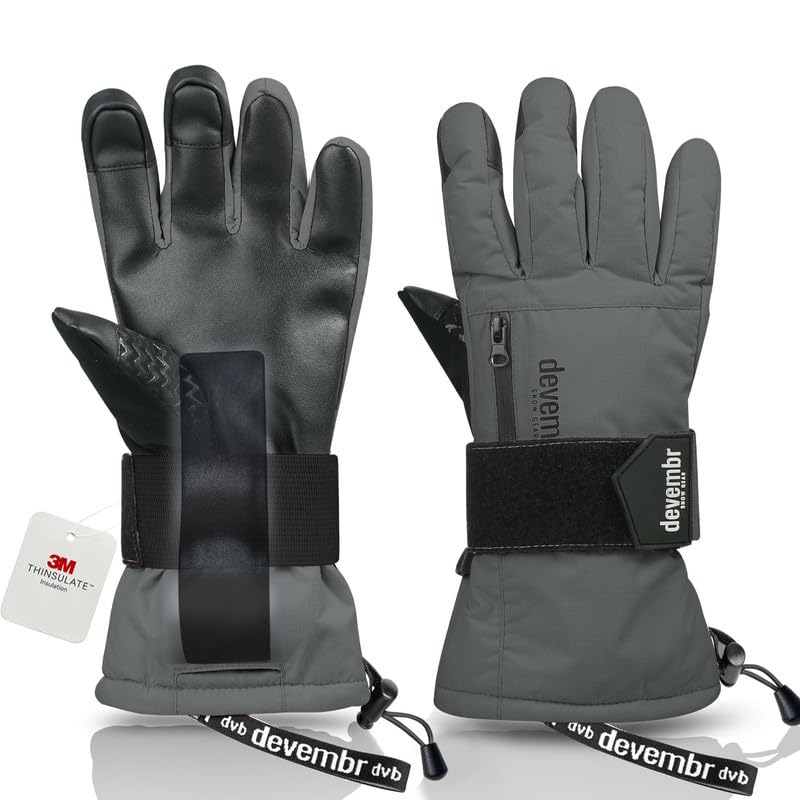 devembr Skihandschuhe mit Handgelenkschützern, Warme Snowboardhandschuhe für Herren und Damen M Grau