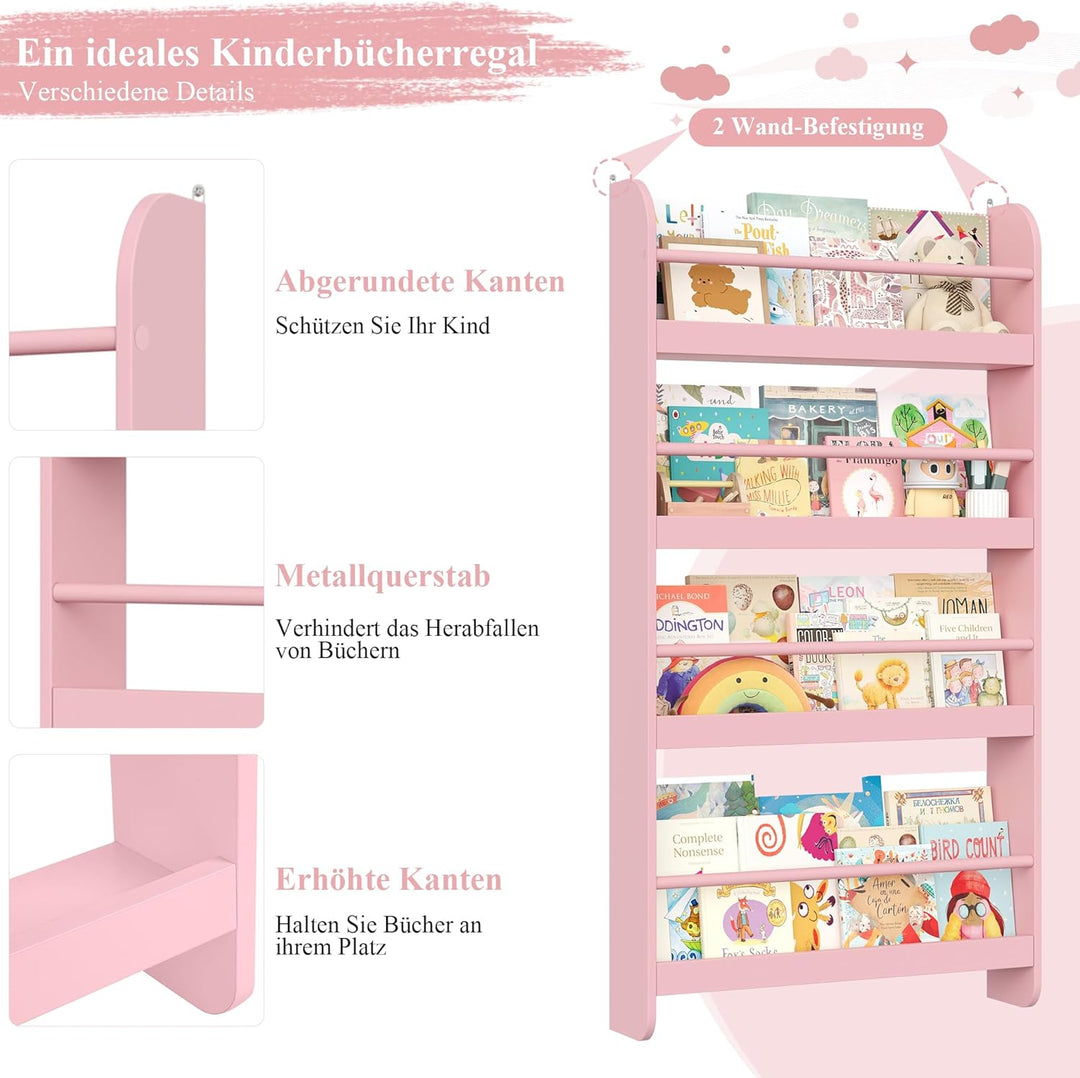 FOREHILL Bücherregal Kinder, Wandregal mit 4 Ablagen, Kinderregal für Bücher Spielzeug, Hängeregal D