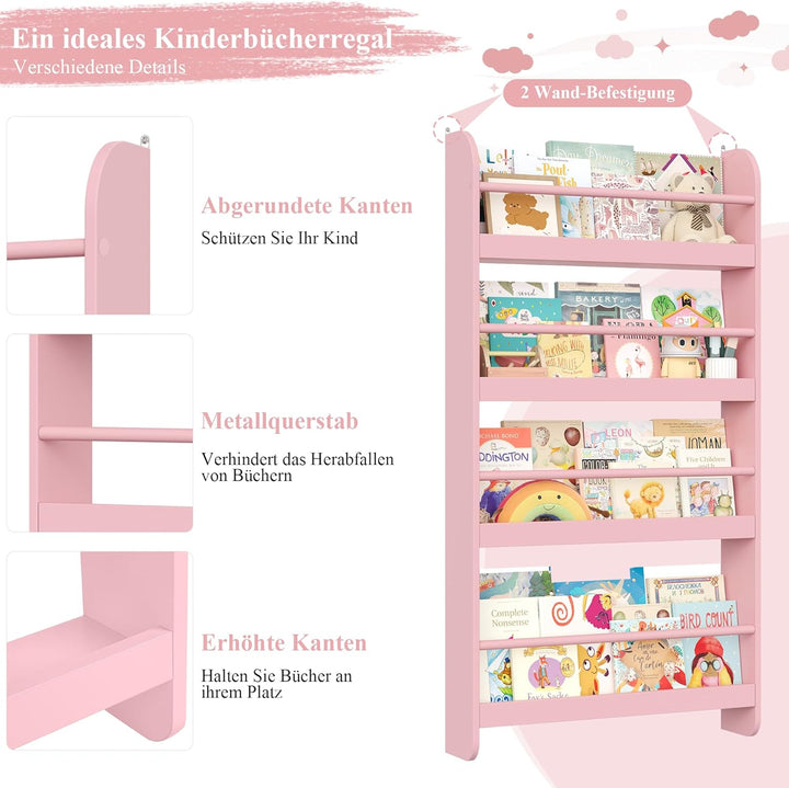 FOREHILL Bücherregal Kinder, Wandregal mit 4 Ablagen, Kinderregal für Bücher Spielzeug, Hängeregal D
