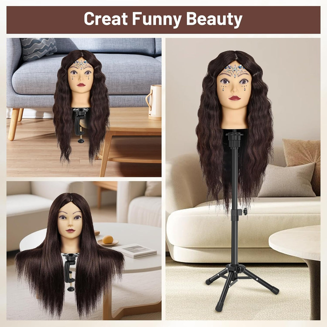ekavo Friseurkopf mit Stativ, Trainingsköpfe mit 90% Echthaar 58CM, Schaufensterpuppe zum Frisieren,