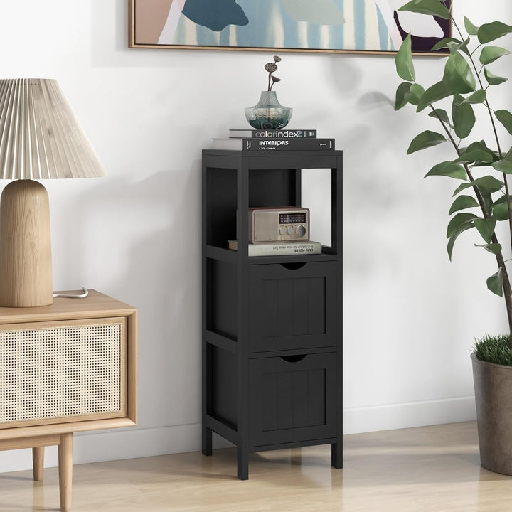 LIFEZEAL Badschrank Klein, Badezimmerschrank mit 2 Schubladen, Freistehender Badkommode Holz, Schmal