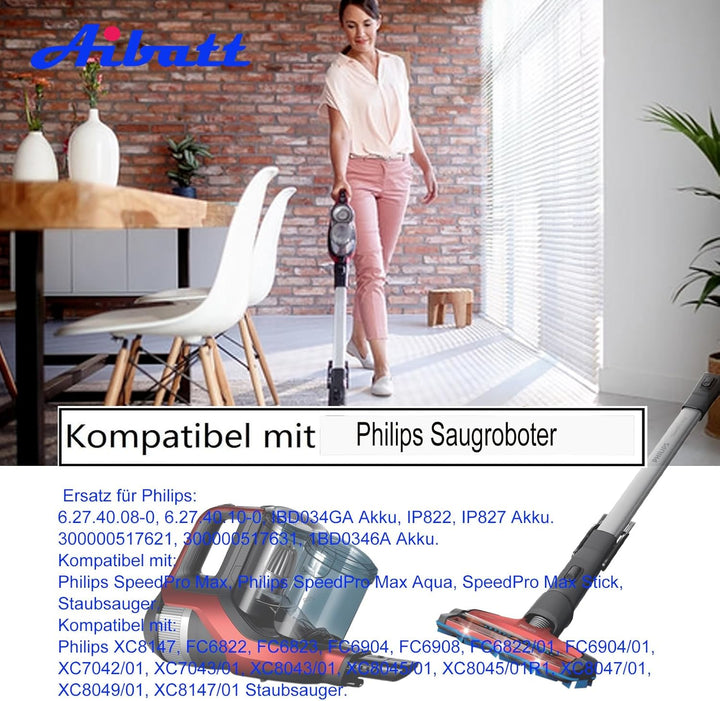 Aibatt 2400mAh Ersatzakku für Philips SpeedPro Max Aqua, SpeedPro Max Stick, FC6822, FC6823, FC6904,