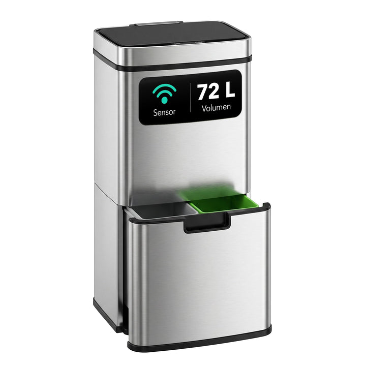 ledscom.de SORTA Sensor Mülleimer 72L, 3-Fächer Mülltrennsystem | Edelstahl, 3 Kammern: 47 L + 2×12,