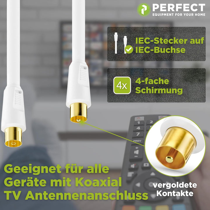 Perfect TV-Kabel, Antennen-Kabel, Koaxial-Kabel, IEC Stecker auf IEC Buchse mit Ferrite, 20,0 m, wei