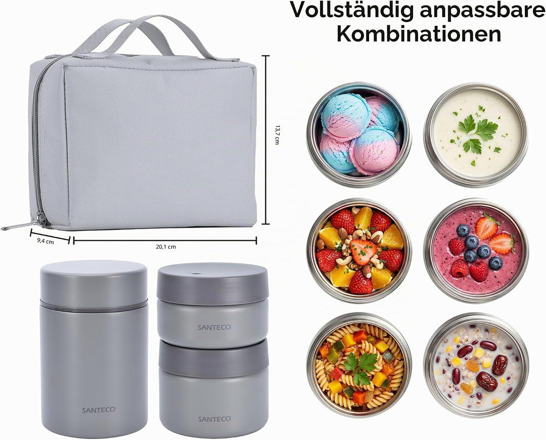 SANTECO Vakuumisolierter Suppen-Lunch-Set 1050ml - Isolierte Brotdose mit Löffel &amp; Tragetasche - Sti