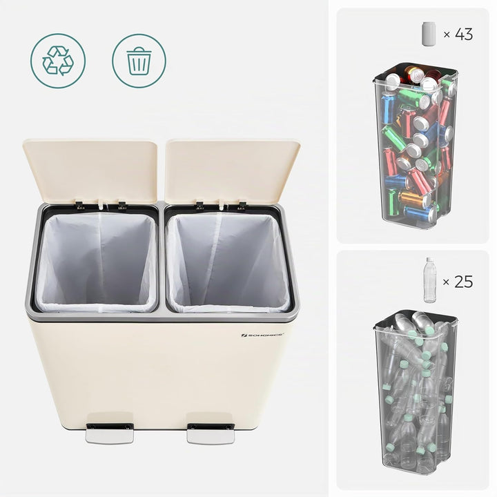 SONGMICS Mülleimer, 2 x 30 Liter, 2 Fächer, Mülltrennsystem, Treteimer, Abfalleimer Küche, 15 Müllsä